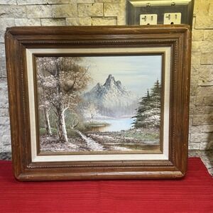 VINTAGE OIL PAINTING ON CANVAS LAKE MOUNTAIN LANDSCAPE SIGNED 13.25"x 11.5"‎